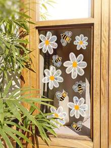 1 pieza Pegatina de ventana con abeja colorida y flor blanca, decoración de hogar de primavera, pegatina de ventana con girasol, atrapasol de arcoíris, pegatina de vidrio con patrón visual de doble cara - multicolor - View 2