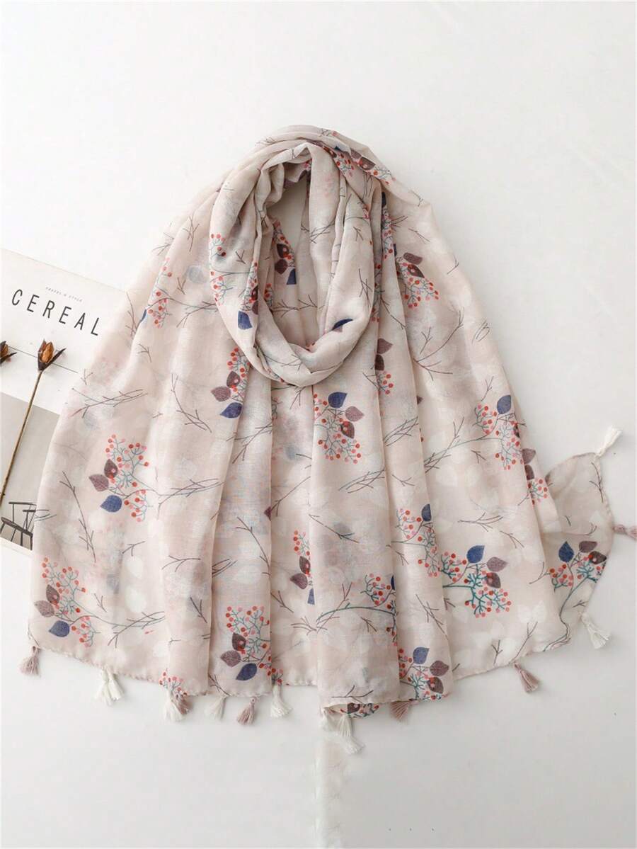 1件装女士保暖经典碎花雪纺围巾，轻盈流苏披肩