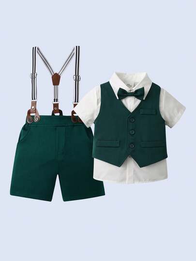 BOARNSEORL Conjunto de 3 piezas de ropa de caballero para niños pequeños: camisa de manga corta con pajarita, pantalones cortos con tirantes y chaleco, elegante y estiloso para ocasiones formales, fiestas y ceremonias
