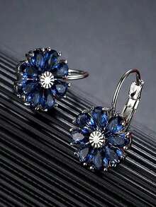 1 Pair Blue Flower CZ Zirconia Hoop Earrings For Women Girl Daily Wear Party Wedding Gift - màu xanh da trời - Xem 8