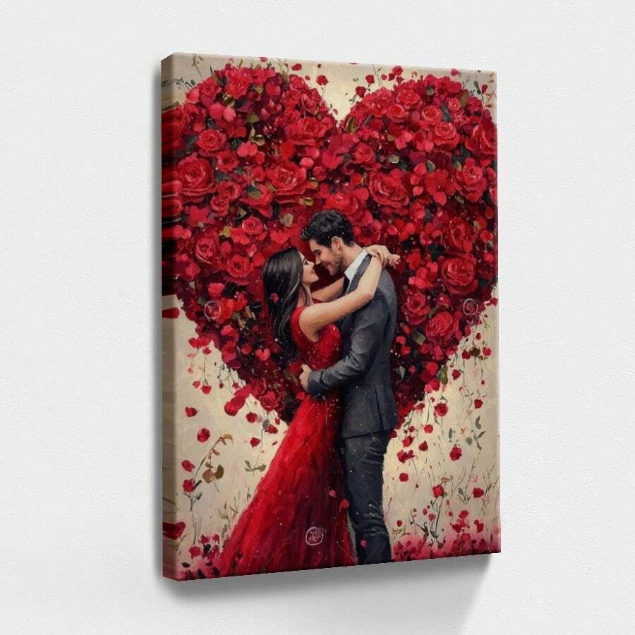 1pc Valentine Day Gift, Spring Wall Art, Christmas Decor Wrapped Framed Canvas Wall Art, Vintage Prints Poster, Romantic Couple, Red Roses, Heart Shape - Floral, Realistic, Romantic, Detailed Style, Birthday Party Decor, Decorative Wall Art for Living Room Bedroom Office, Hanging Hardware Included - Wrapped Framed Canvas, Vertical - Lienzo enmarcado - Ver 1