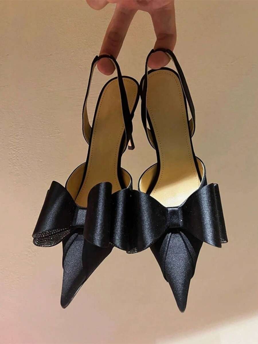 Silk Butterfly Rhinestone High Heels, New French Elegant Pointed Toe Hollow Out Sandals - Black - View 1