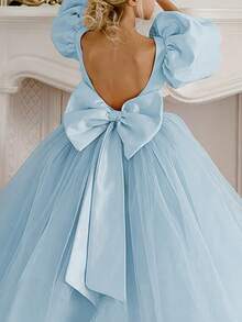 Tween Girl Bowknot Back Deep V Puff Sleeve Mesh Tulle Princess Dress, Suitable For Christmas, Birthday Party, Flower Girl, Wedding, Prom, Holiday Occasion - Baby Blue - View 5
