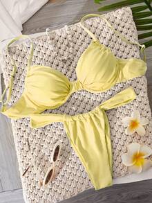 Traje de baño de mujer, bikini básico sexy en estilo rojo sexy y azul claro sólido, bañador retro para la playa para mujer, disfraz de fiesta de Navidad, regalo para ella, vacaciones de San Valentín de verano - Amarillo - Ver 8