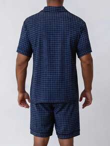 Snug League 2pcs/Set Men's Plaid Allover Print Short Sleeve Shirt And Shorts Pajama Set - Navy Blue - View 2