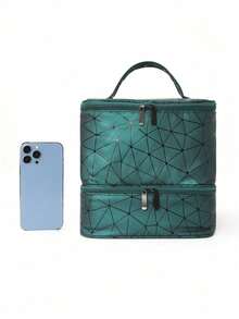 指甲油化妆包、化妆包、洗漱包、化妆品收纳包、化妆工具收纳包、大容量、多功能、便携、耐用、旅行、宿舍、PU皮革、时尚女士礼物、送给妈妈的礼物、宿舍必备化妆品收纳包 - 墨綠色 - 查看 3