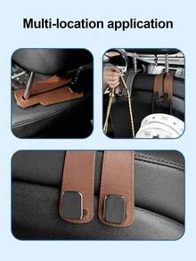 Durable Car Seat Back Hook, Rubber Leather & Zinc Alloy Double Hook, Hidden Mount Organizer For Bags Coats, Phone Holder Function
