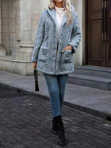 Transitional Weather Essential: Plush Textured Coat With Hood – Snug Fleece Material Keeps You Warm In Cool Early Spring Days & Chilly Winter Evenings. Designed With Functional Pockets, Classic Button Front, And A Soft, Tactile Finish For Cozy, Stylish Wear. - Màu xanh lam - Xem 4