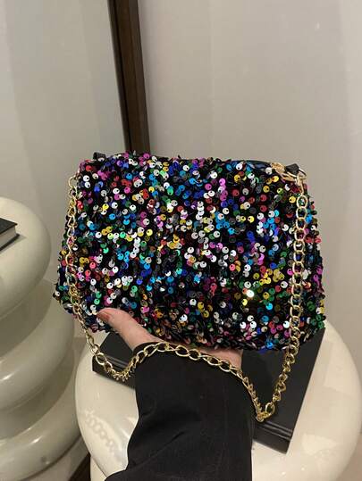 Fashionable New Sequin Shoulder Bag, Versatile Chain Strap Small Square Bag For Women