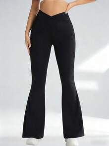 Women V Shaped Cross Waistband Yoga Legging Flare Leg For Women High Waisted Bootcut Yoga Pants Wide Leg Yoga Pants Stretchy Work Pants For Workout Athletic Running Cycling Yoga Pickleball Exercise Casual - 黑色 - 查看 10