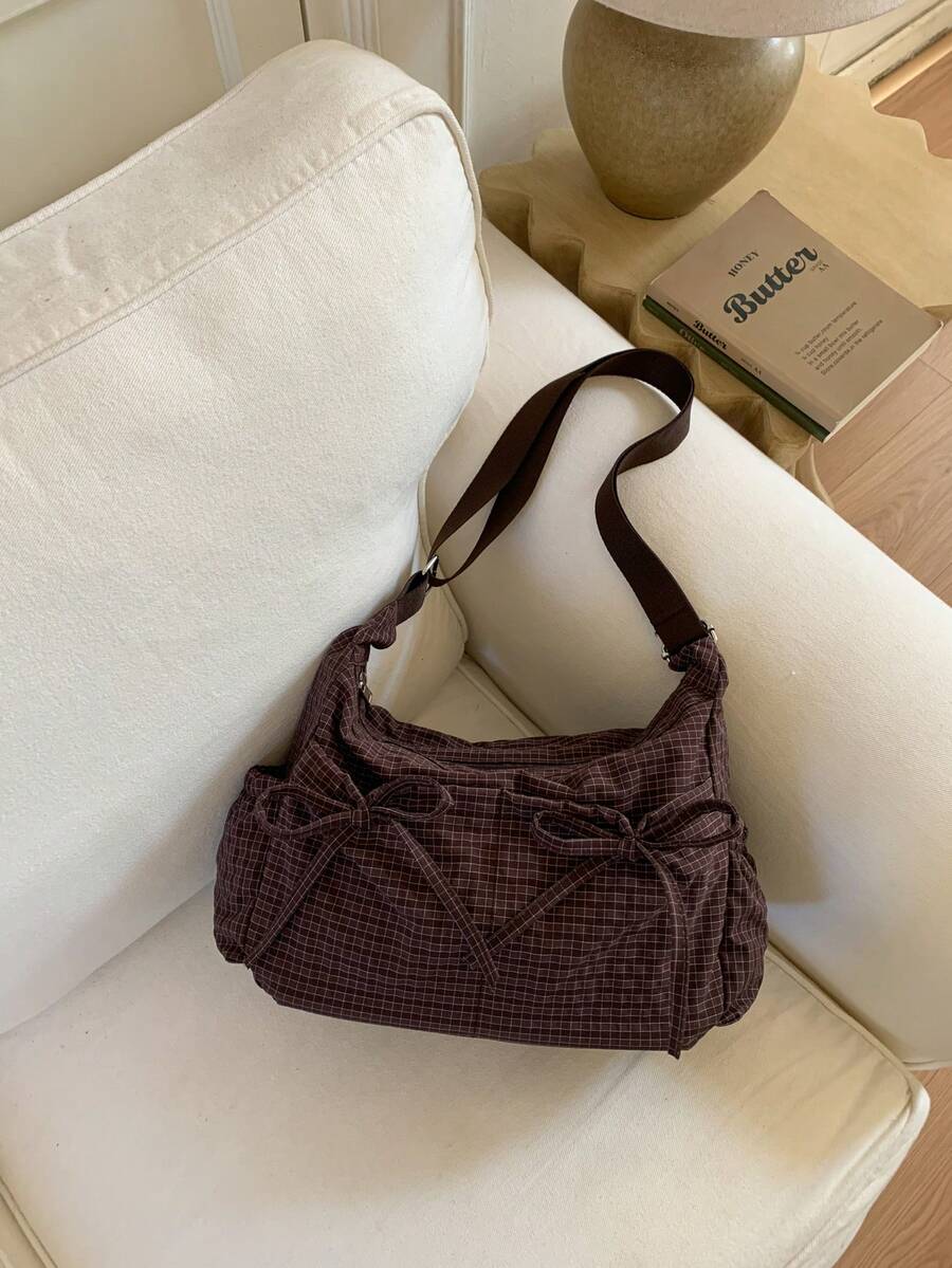 Korean & Japanese Style Plaid Women's Shoulder Bag, Casual & Versatile, Bow Decor, Multi-Pocket, Foldable, Adjustable Strap, Suitable For Daily Use, School/College, Simple & Cute, Pleated, Multi-Pocket, Drawstring Front Pocket Plaid Cloth Bag , Old Money - 彩色 - 查看 1