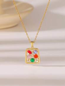 1pc Elegant Pendant Necklace, Stainless Steel Cubic Zirconia Decorated Heart Geometric Pattern Pendant Necklace, Exquisite Holiday Gift For Women, Suitable For Valentine's Day, Mother's Day, Birthday - Yellow Gold - View 15