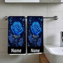 2PC Set: Vibrant Blue Rose With Water Droplets Surrounded By Butterflies On A Starry Background, Customizable Text Towel, Name Customization, Cartoon Anime Design, Striped Pattern, Ideal For Valentine's Day, Anniversaries, Parties, Gifts, Event250gsm Practical Kitchen Towel For Kitchen, Living Room, Bedroom And Home Use, Exquisite Pattern Printed Towel, Suitable For Kitchen And Living Room, Suitable For Car, Bedroom, Living Room, Office, Outdoor Camping Home Decoration, Comfortable, Soft And Additive Free Scouring Pad, A Good Gift For Daily Holidays - Multicolor - View 1