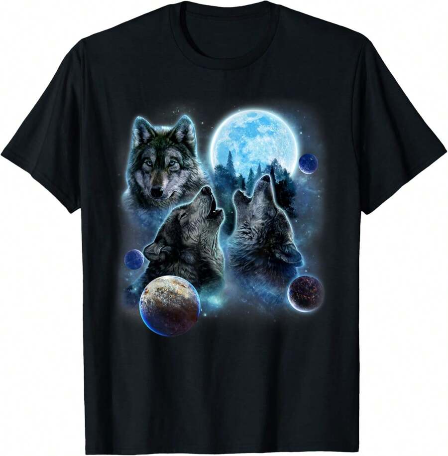Three Wolf Howling And Moon T-Shirt - Black - View 1