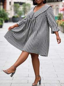 大码女式夏季通勤彼得潘领格子五袖连衣裙，优雅 - 黑灰格紋 - 查看 4