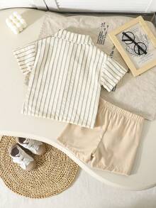 Baby Boy Striped 2 In 1 Shirt Top And Casual Shorts Gentleman Outfit, Summer - Khaki - View 7