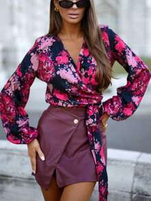 花卉印花灯笼袖侧边系带裹身衬衫，适合度假和春季穿着 - 玫紅色 - 查看 3