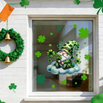 1/4 st St. Patricks Day fönsterklämmor grön gnome med kruka med guld och shamrock statisk klistermärke för vardagsrum butiksfasad glas hem irländsk högtidsdekoration återanvändbar DIY-prydnad