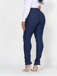 Women's High-Waisted Skinny Jeans With Lycra Effect And Butt Lift - Dark Wash - View 2