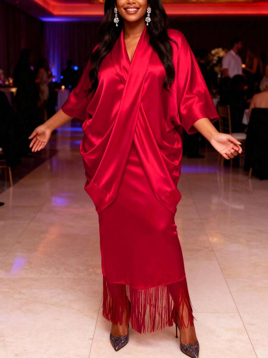 Women Elegant Red Satin 2 Piece Set Kimono Style Top And Fringe Hem Midi Skirt Formal Occasion Outfit Evening Party - Red - View 1