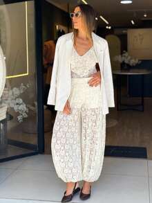 Women's Long Lace Textured Sheer See-Through Lantern Pants, Slightly Stretchy - Apricot - View 1