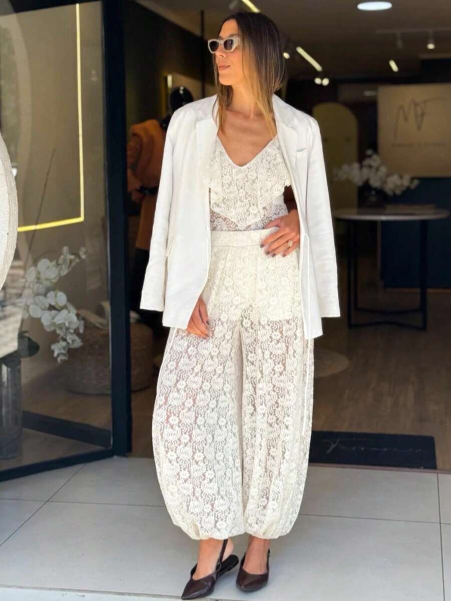 Women's Long Lace Textured Sheer See-Through Lantern Pants, Slightly Stretchy - Apricot - View 1