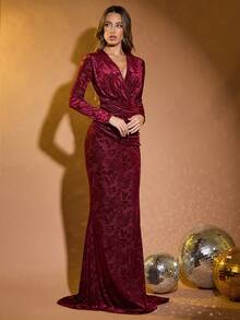 LOVE&LEMONADE Elegant Burgundy Long Sleeve Deep V-Neck Floral Jacquard Ruched Maxi Evening Gown For Party Wedding Spring - Burgundy - View 3
