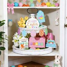 11件套复活节彩蛋兔子木质多层托盘装饰套装，复活节装饰，节日家居装饰，客厅、餐桌中心摆件，房间装饰，复活节礼物 - 彩色 - 查看 5
