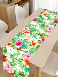 1pc Hawaiian Style Table Runner, Polyester Floral & Palm Leaf Pattern Table Runner, Hawaiian Theme Party Table Cloth, Holiday Birthday Wedding Party Decor Table Cloth, Summer Indoor Outdoor Party Supplies - Hawaiian Flowers - View 3