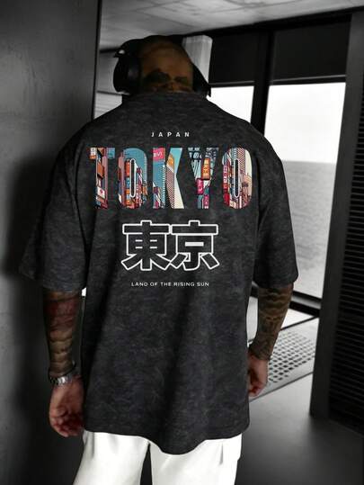 Camiseta de manga corta con eslogan en inglés "TOKYO" y estampado de elementos de Tokio, versátil y de moda para hombres de K-GLORY