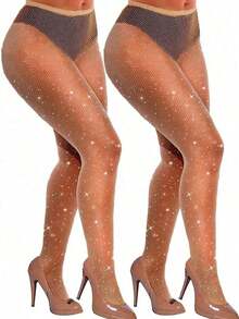 2/3 Pairs Sexy Shiny Fishnet Stockings & High Waist Rhinestone Fishnet Leggings, Women Party Tights For Dress, For Christmas Gift - 2雙黑色 - 查看 6