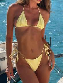 Women Triangle Bikini Sets Halter Two Piece Swimsuit String Tie Side Bathing Suit - Yellow - View 2