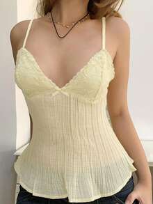 Women's Pleated Chiffon Camisole Tops Stylish Solid Color Bow Lace Trimmed Sleeveless Spaghetti Strap Vest - Yellow - View 2