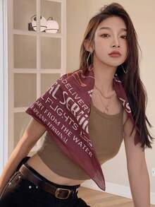 1条复古字母印花涤纶多功能方巾，时尚头巾，适合所有季节