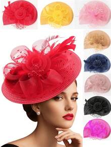 1pc Fascinator Hats Women Tea Party Hats Fascinators Derby Hat Wedding Cocktail Flower Feathers Hair Clip - 彩色 - 查看 12
