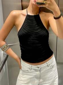 Women's Fringe Sleeveless Backless Cross Back Strappy Fitted Tank Top Fitted Crop Night Out Tops - màu đen - Xem 2