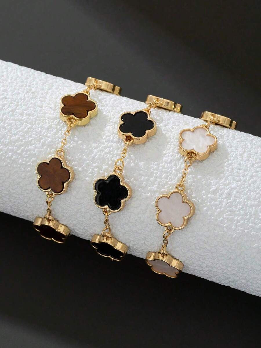 3pcs Set Classic Black, White, Brown 4-Leaf Clover Bracelets (No Gift Box)