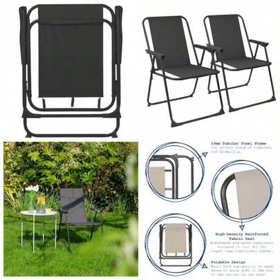 Folding Beach Deck Chairs - Black - Pack Of 2 - Metal Outdoor Patio Lightweight Portable Deck Chair Picnic, Garden, Camping, Fishing