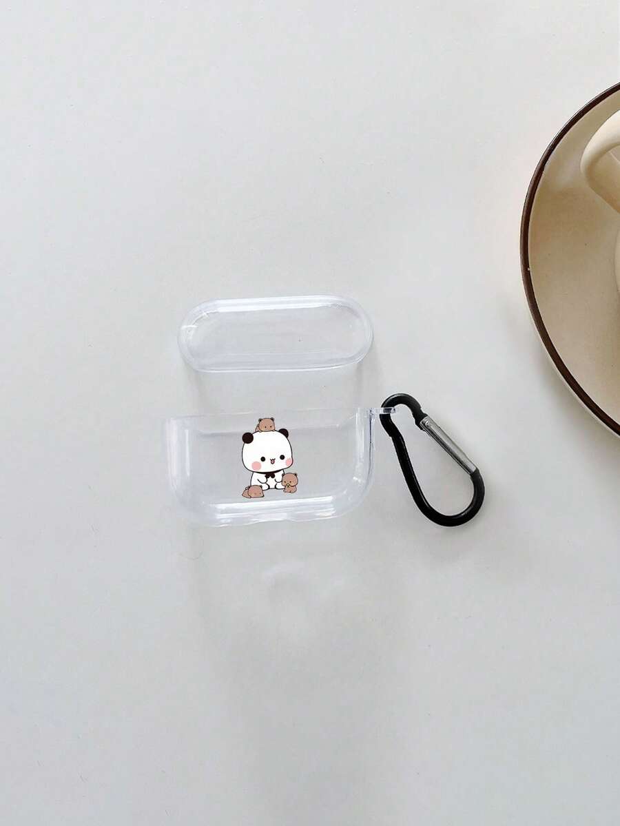1pc Transparent TPU Teddy Bear Print Earbud Case With Black Hook, Compatible With Apple Bluetooth Earphones (Earbud Case Only, Earphones Not Included)