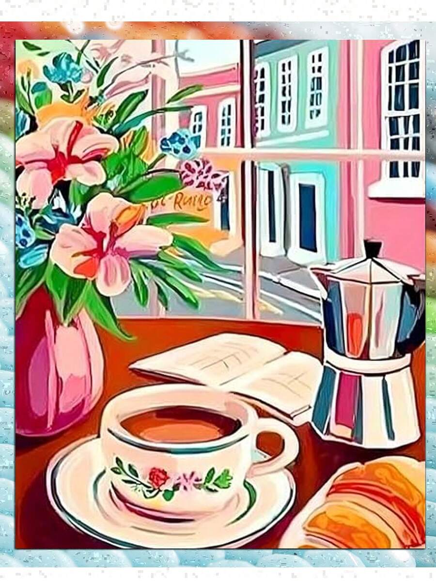 下午茶主题钻石画套装，成人5D钻石画套装，宝石点钻画，圆形全钻，适合初学者，女性DIY，家居厨房墙面装饰 - 彩色 - 查看 1