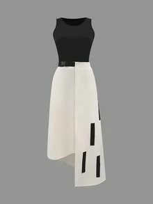 Women's Casual Fashion Patchwork Asymmetrical Maxi Dress Set - Dark Apricot - View 2