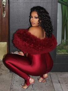 Sexy Fur Collar Long Sleeved Cut-Out Tight Jumpsuit Furry Long Pants Slim Fit Bodysuit One Piece Outfit Body Manga Larga Rompers Gift For Valentine's Day And Graduation Celebrations Birthday Party Clubwear - 酒紅色 - 查看 4