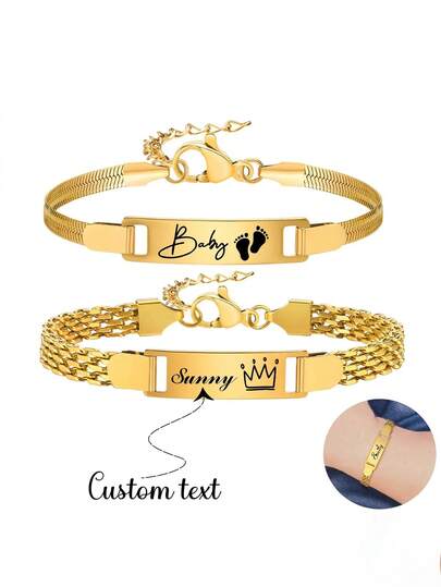 1pc Personalized Name Bracelet For Boy, Girl & Kids, Interlocking Family Chain Bracelet - Customizable Initial, 304 Stainless Steel Gold Plated Chain, 2 Length Options (Short & Long) And 2 Styles (Snake Chain & Mesh Chain), Suitable For Daily Wear And Special Occasions - Durable, Non-Fading, Custom 18K Gold Plated Stainless Steel Bar ID Bracelet, Elegant Gift For Boys And Girls
