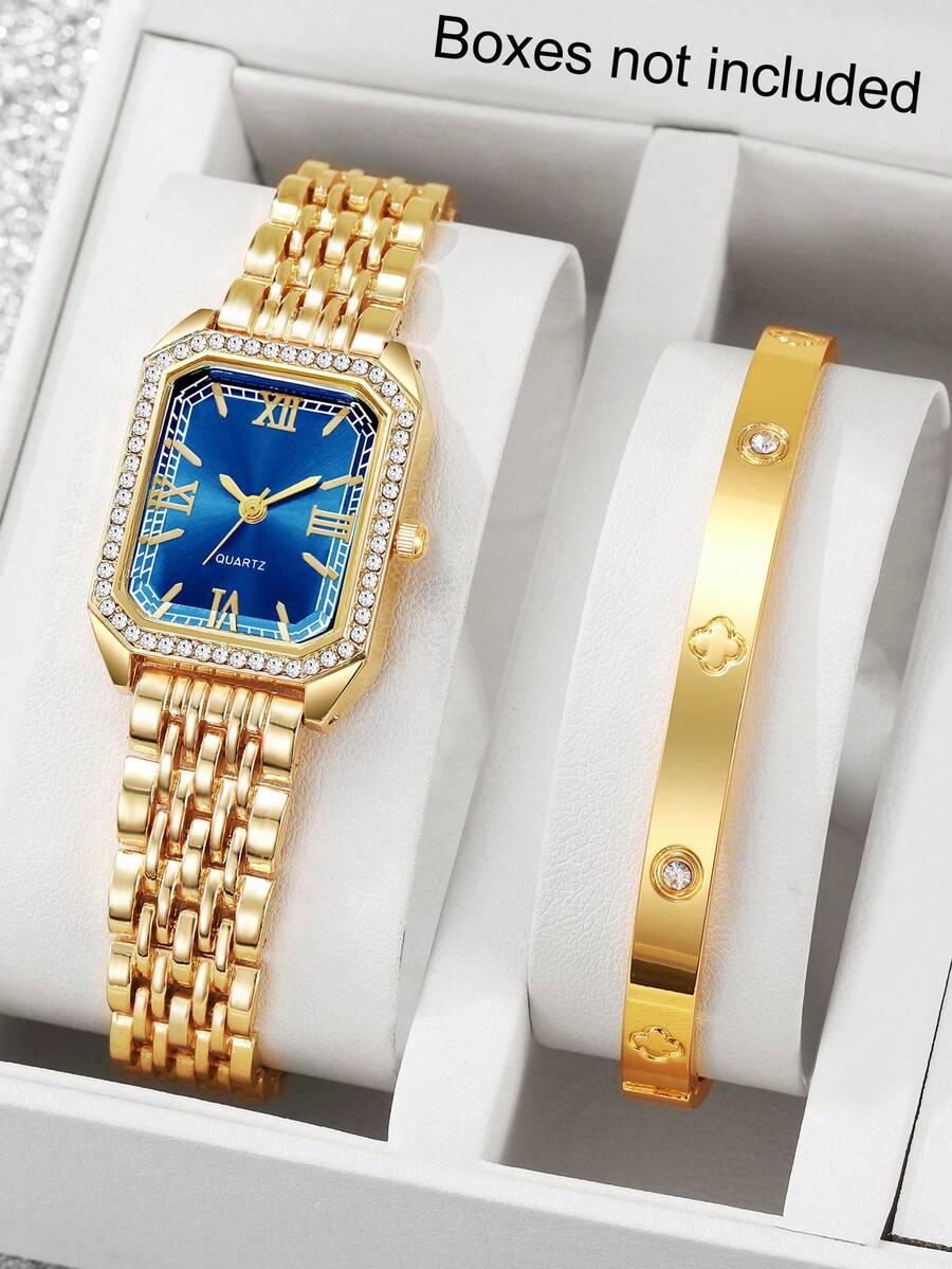 2pcs/Set Women's Fashion Casual Roman Numeral Dial Full Crystal English Style Wrist Watch, Includes Jewelry Accessory Set, Fashionable Crystal Bracelet Set, Party Wedding Gift, Beach Vacation Couple Gift - Blue - View 1