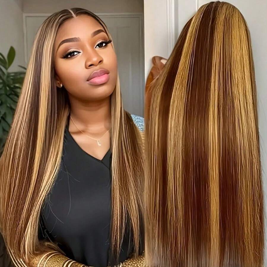 ZHUICHAO 180% High Density 13x4 Super HD Transparent Lace Front Wig, 28/30/32 Inch Straight Hair, P4/27 Honey Blonde Mixed High Temperature Resistant Fiber Wig With Baby Hair For Women - SP4/27 - View 1