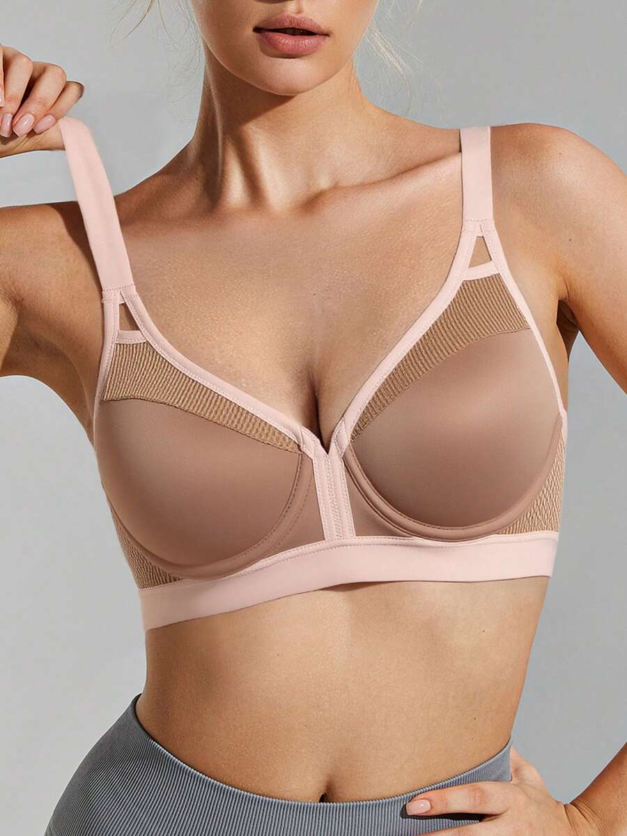 Wingslove Högintensiv lätt vadderad sport-bh med bygel och V-ringning, heltäckande - Kamel - Visa 1