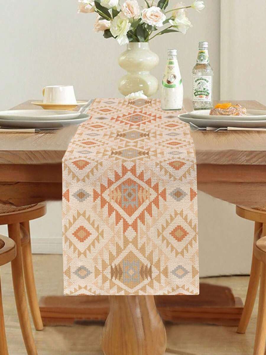 1pc Geometric Pattern Printed Table Runner, 4pcs Geometric Pattern Printed Placemats, Suitable For Holidays, Parties, Birthdays, Dinners, Kitchen & Dining Room Table Decor, Applicable For All Seasons, Home Textile Decoration - Multicolor - View 1