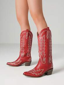 Women's Vintage Classic Western Knee High Cowboy Boots Fashion Embroider Block Chunky Heel Pull On Pointed Toe Retro Cowgirl Boots - Red - View 7