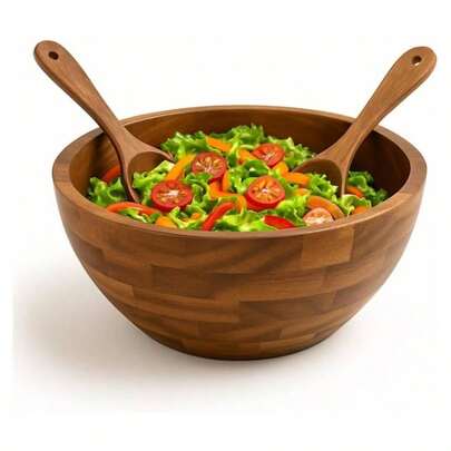 Large Wooden Salad Bowl Set 12.5 Inch, Handmade Acacia Wood Serving Bowl With Utensils, Durable - Friendly Rustic Kitchen Fruit Bowl Salads, Snacks And Gifting