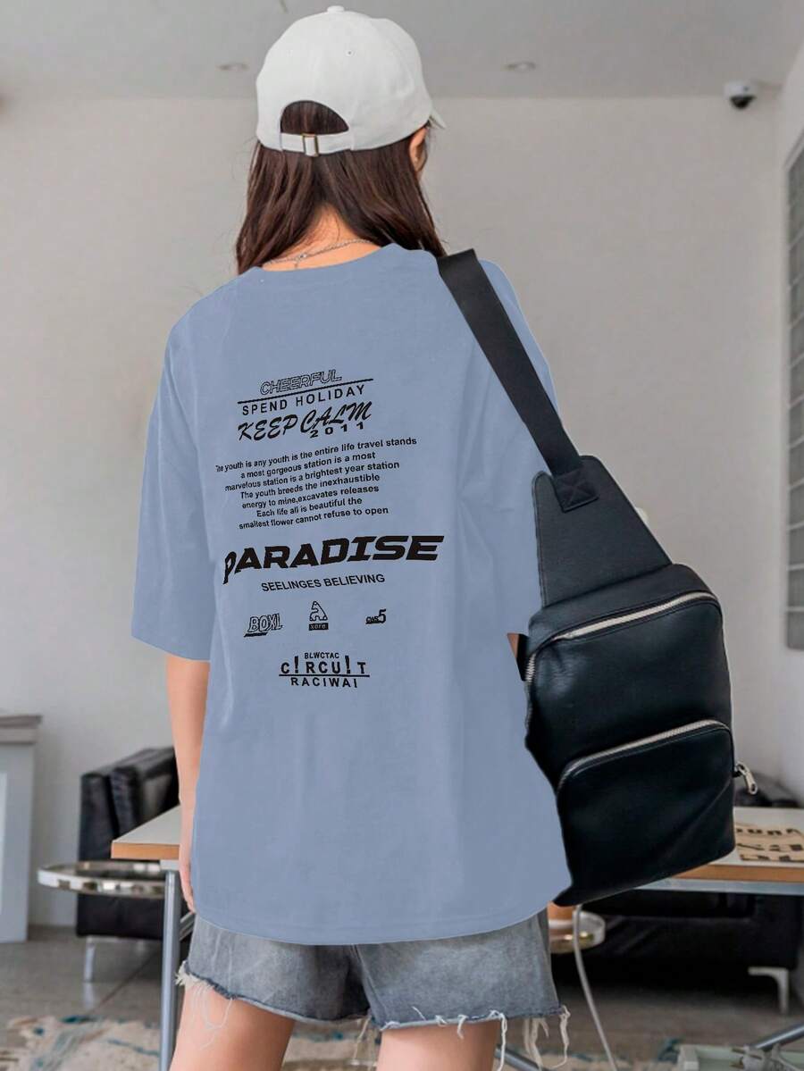 Women's Oversized Printed T-Shirt - Cheerful Paradise Phrase - Loose, Casual, Stylish, Modern, And Cool Blouse - 淺藍色 - 查看 1